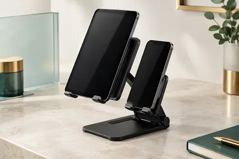 Support Ugreen pliable en ABS noir posé sur une surface claire, avec son inclinaison réglable visible.