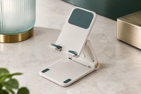 Support de téléphone Ugreen blanc pliable posé sur une surface claire, avec son angle réglable visible