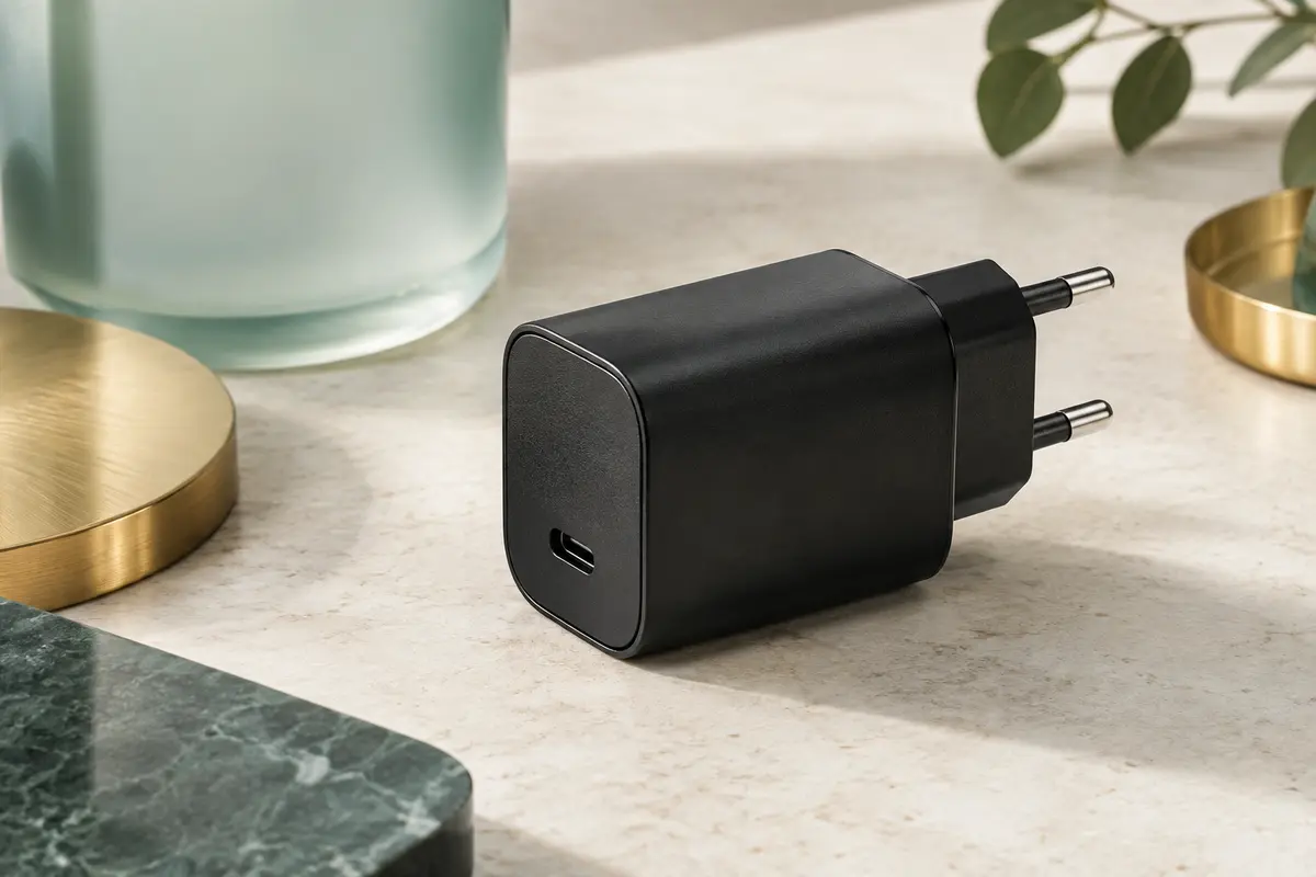 Chargeur secteur Ugreen noir de 45 W avec port USB-C et fiche européenne à deux broches sur une surface claire.