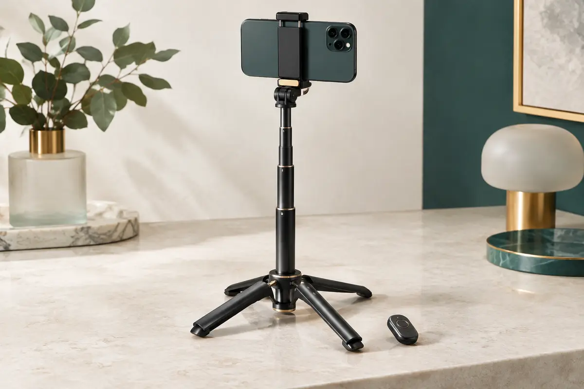 Trépied Ulanzi MA09 noir déployé sur une surface claire, avec sa base à quatre pieds et sa télécommande