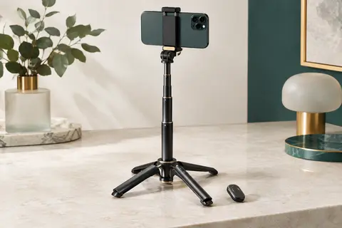 Trépied Ulanzi MA09 noir déployé sur une surface claire, avec sa base à quatre pieds et sa télécommande