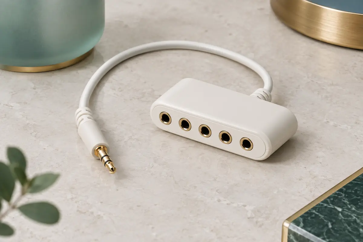 Répartiteur audio blanc Ultrics avec fiche jack 3,5 mm et cinq sorties pour casques