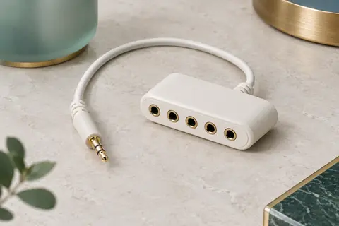 Répartiteur audio blanc Ultrics avec fiche jack 3,5 mm et cinq sorties pour casques