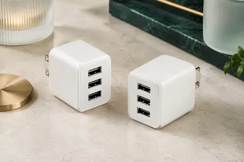 Deux chargeurs secteur blancs au format cube, chacun doté de trois ports USB-A.