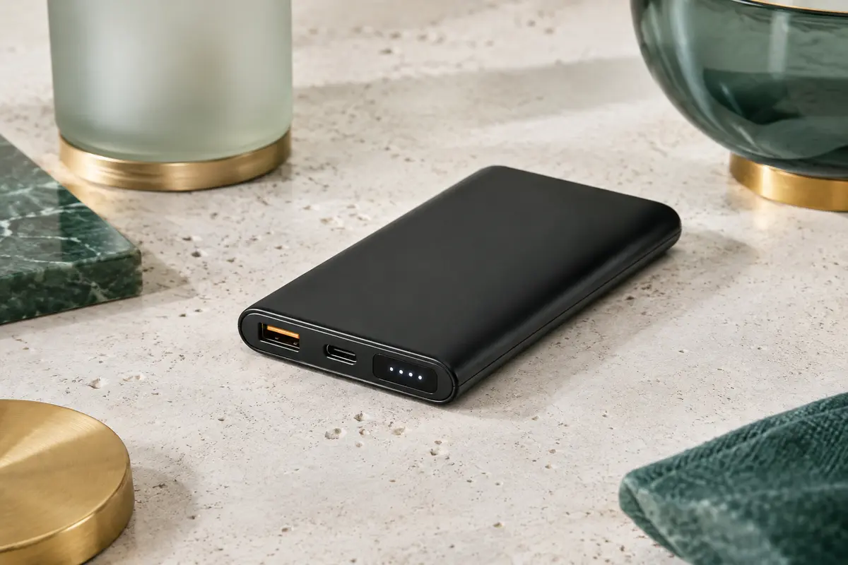 Batterie externe Veger noire et compacte, avec écran LED et ports USB-A et USB-C visibles.
