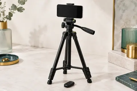 Trépied Victiv noir en aluminium déployé avec support smartphone, tête orientable et télécommande sans fil