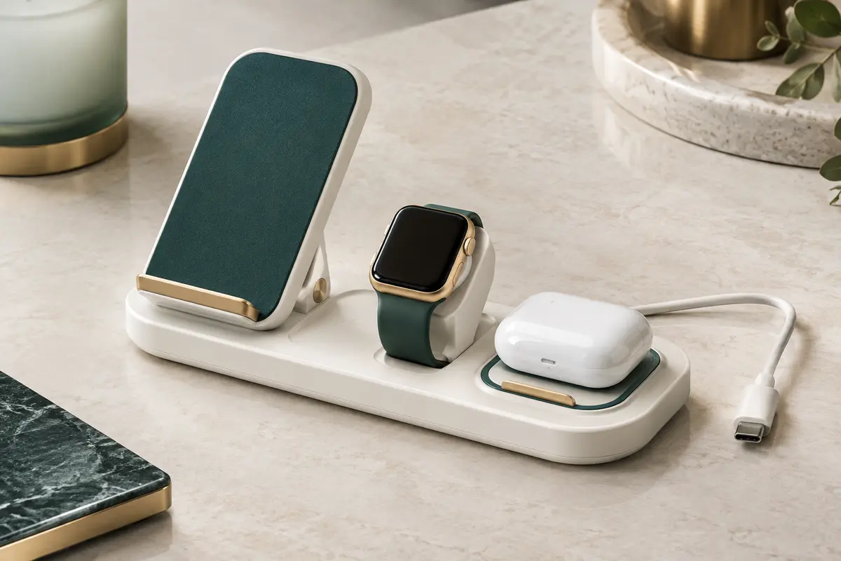 Station de charge sans fil pliable blanche avec support pour téléphone et emplacements pour montre et écouteurs