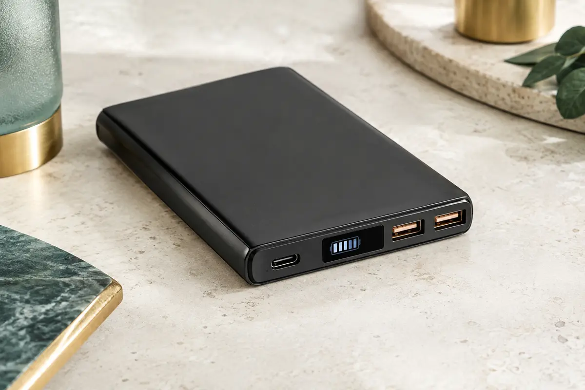 Batterie externe noire avec écran LCD, port USB-C et deux sorties USB sur une surface claire