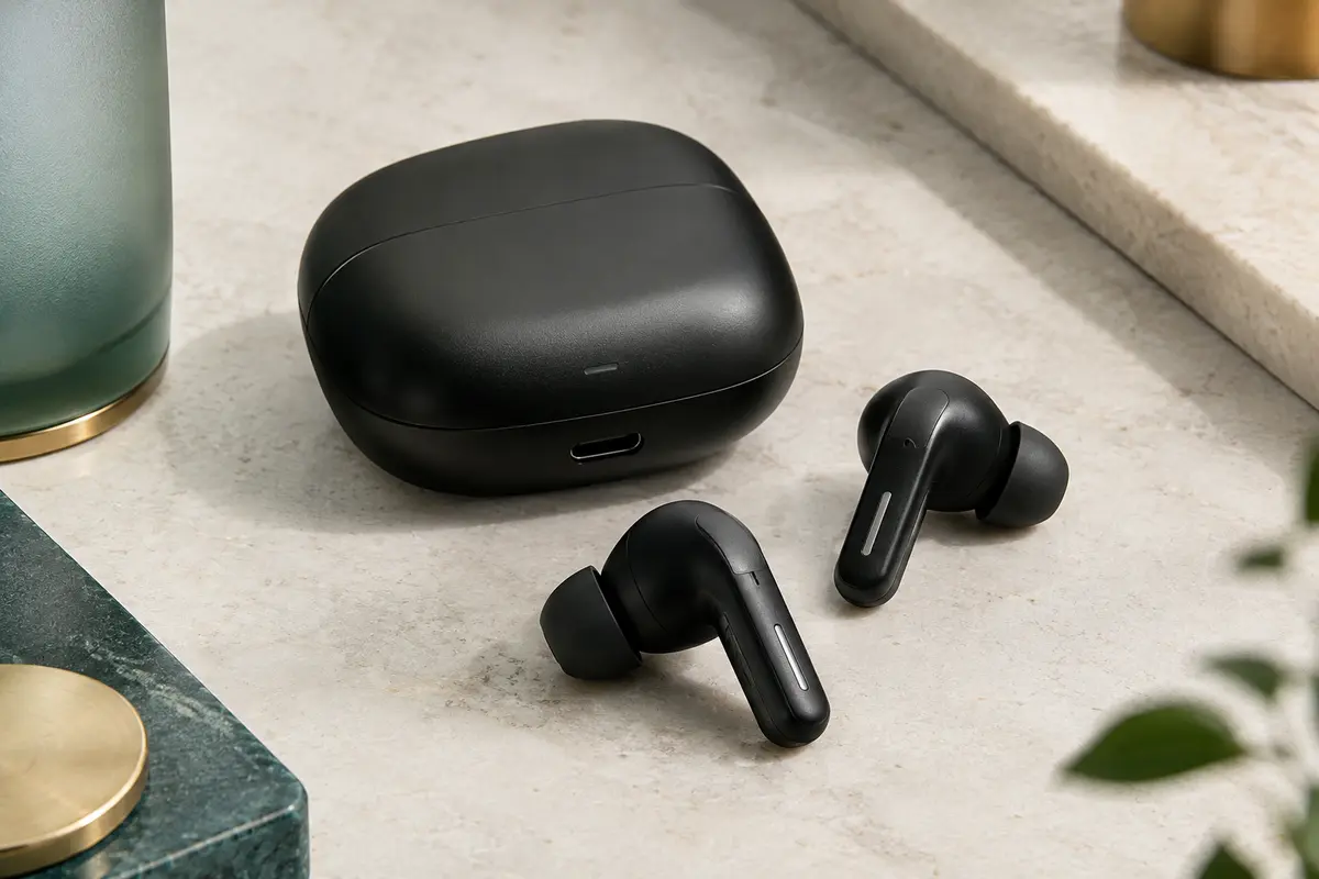 Écouteurs semi-intra noirs Xiaomi Redmi Buds 8 Active présentés avec leur étui de recharge sur une surface claire.