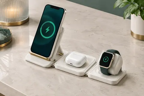 Station de charge blanche pliable avec support réglable et trois zones sans fil sur une surface minérale claire.