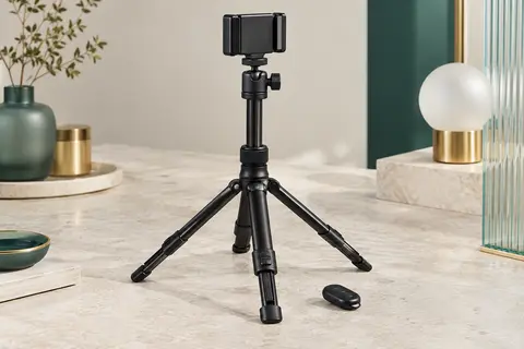 Trépied noir avec support de téléphone orientable et télécommande sans fil posé sur une surface claire.