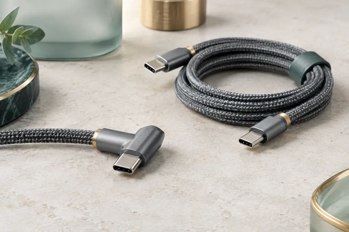 Deux câbles USB-C gris tressés, dont un connecteur coudé à 90° présenté en gros plan