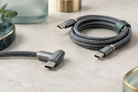Deux câbles USB-C gris tressés, dont un connecteur coudé à 90° présenté en gros plan