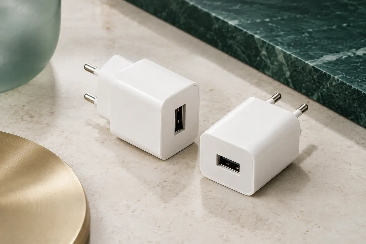Deux adaptateurs secteur USB blancs et compacts posés sur une surface minérale claire