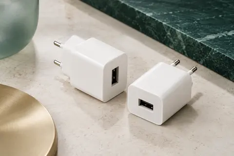 Deux adaptateurs secteur USB blancs et compacts posés sur une surface minérale claire