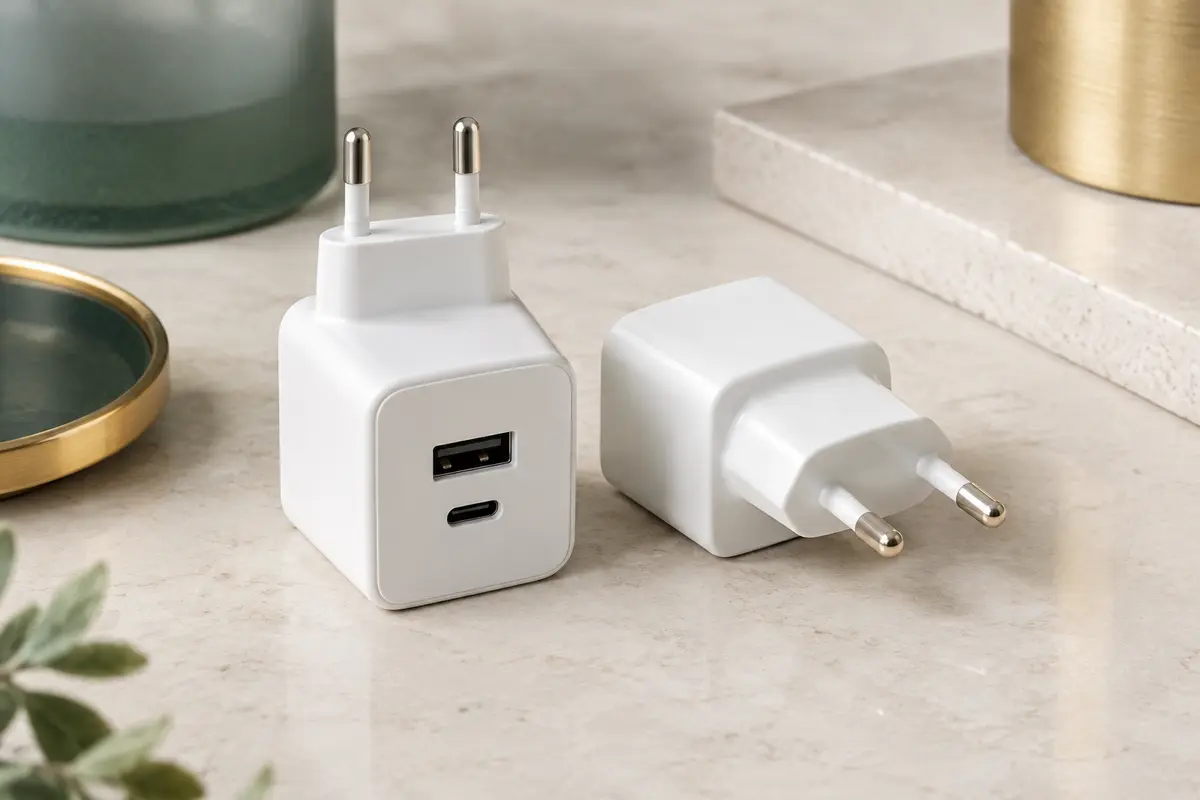 Deux chargeurs secteur USB blancs en plastique, présentés côte à côte sur une surface claire.