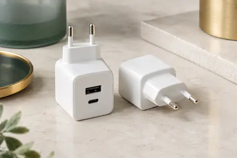 Deux chargeurs secteur USB blancs en plastique, présentés côte à côte sur une surface claire.
