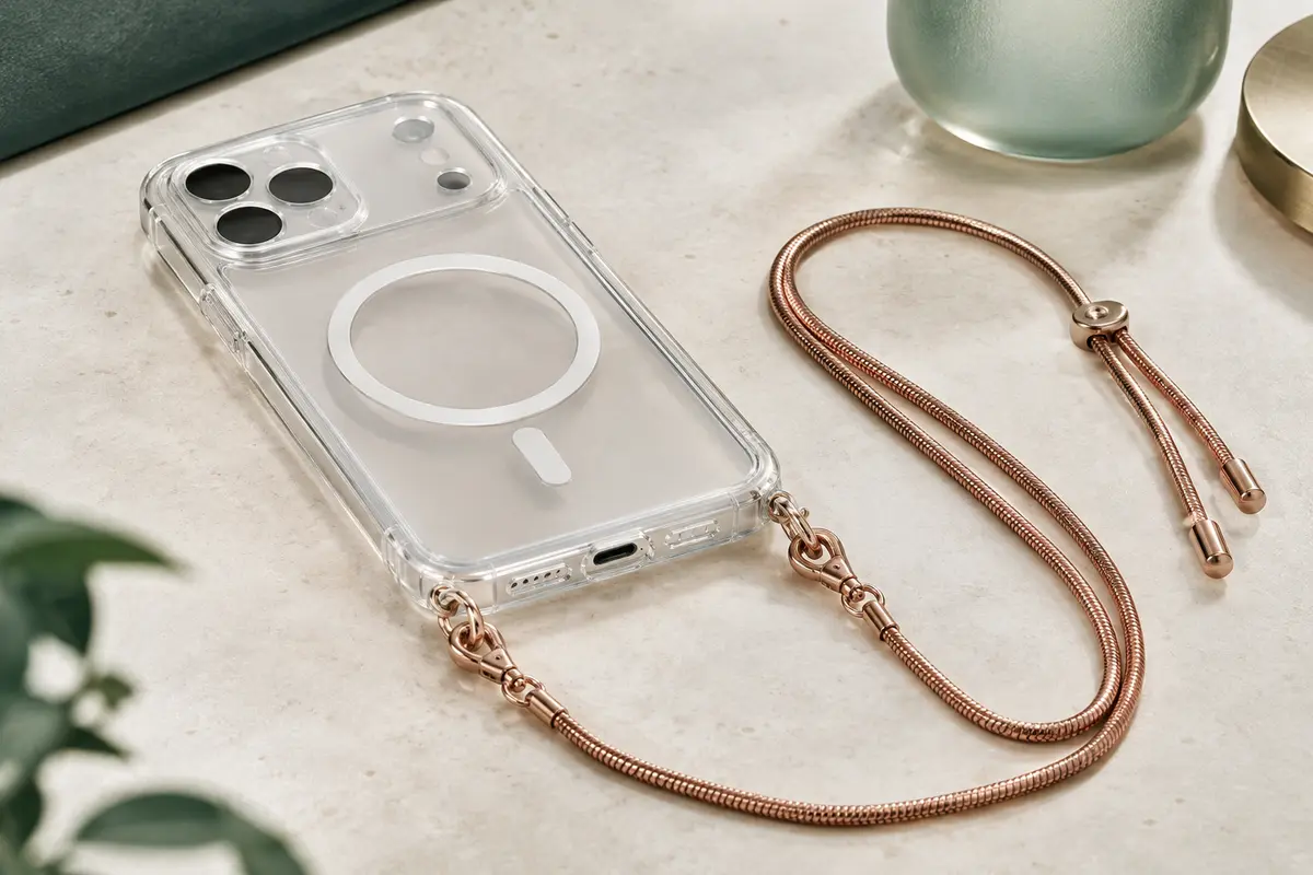 Coque transparente pour iPhone 17 avec anneau magnétique intégré et chaîne réglable amovible teinte or rose