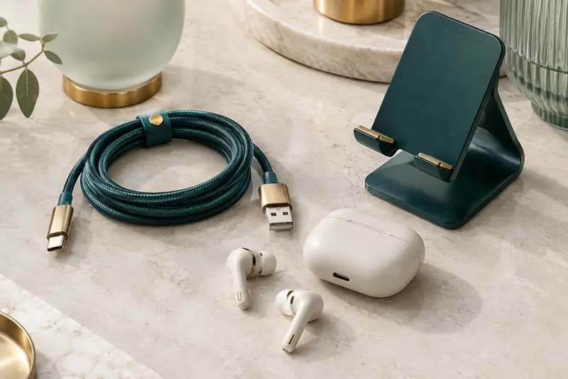 Détails de connecteurs, d’écouteurs et de support présentés avec soin sur une surface claire