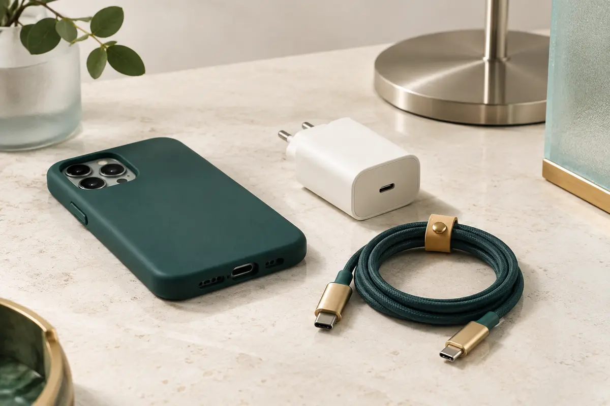 Coque, chargeur, câble et support de smartphone disposés sur une surface claire